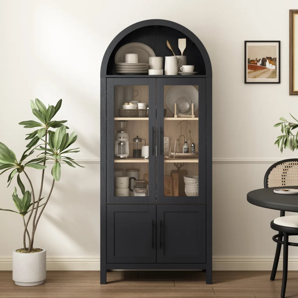 Arched China Cabinet, Black Display Cabinet, Modern Farmhouse Hutch, Kitchen Pantry Storage, Tall Glass Curio, Dining Room Sideboard.