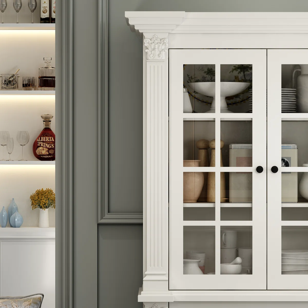 Modern Glass Display Cabinet, Luxury Dining Room Hutch, LED Curio Cabinet, Charcoal Oak Sideboard, Contemporary Glass Bookshelf, Home Gallery Storage.