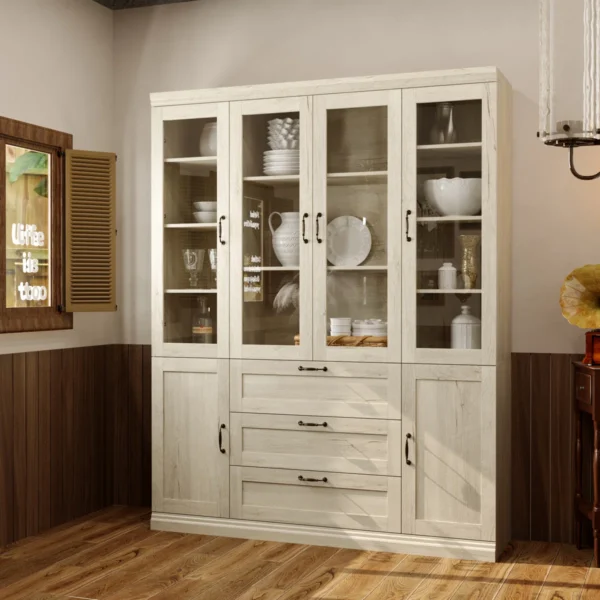 Everly Farmhouse Buffet Modern Kitchen Pantry Glass Display Cabinet