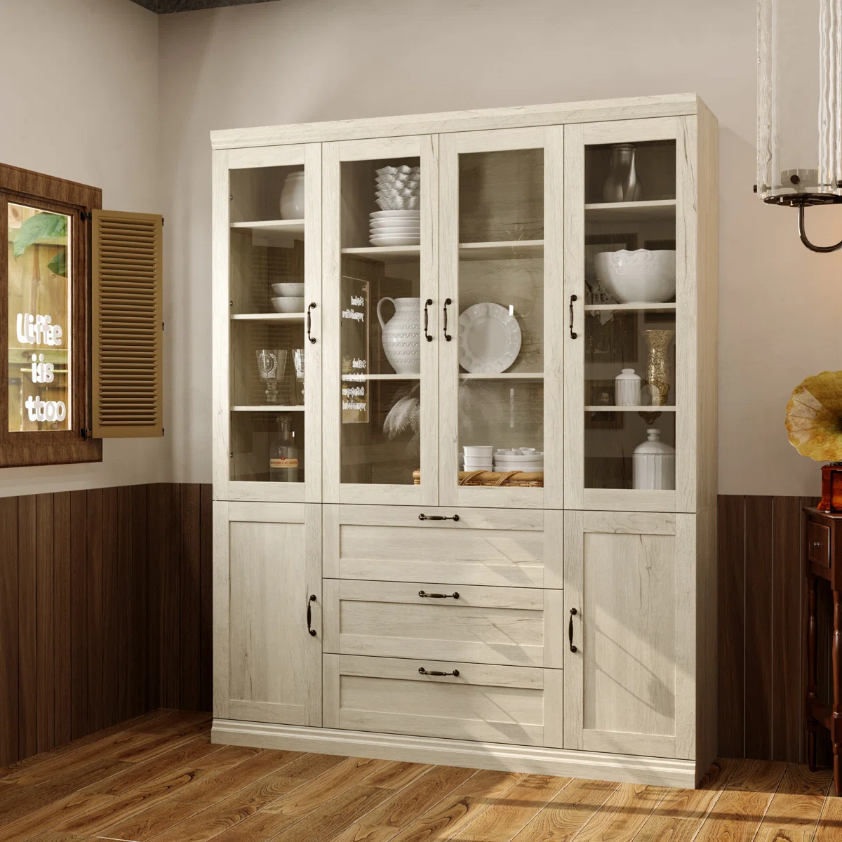 Everly Farmhouse Buffet Modern Kitchen Pantry Glass Display Cabinet