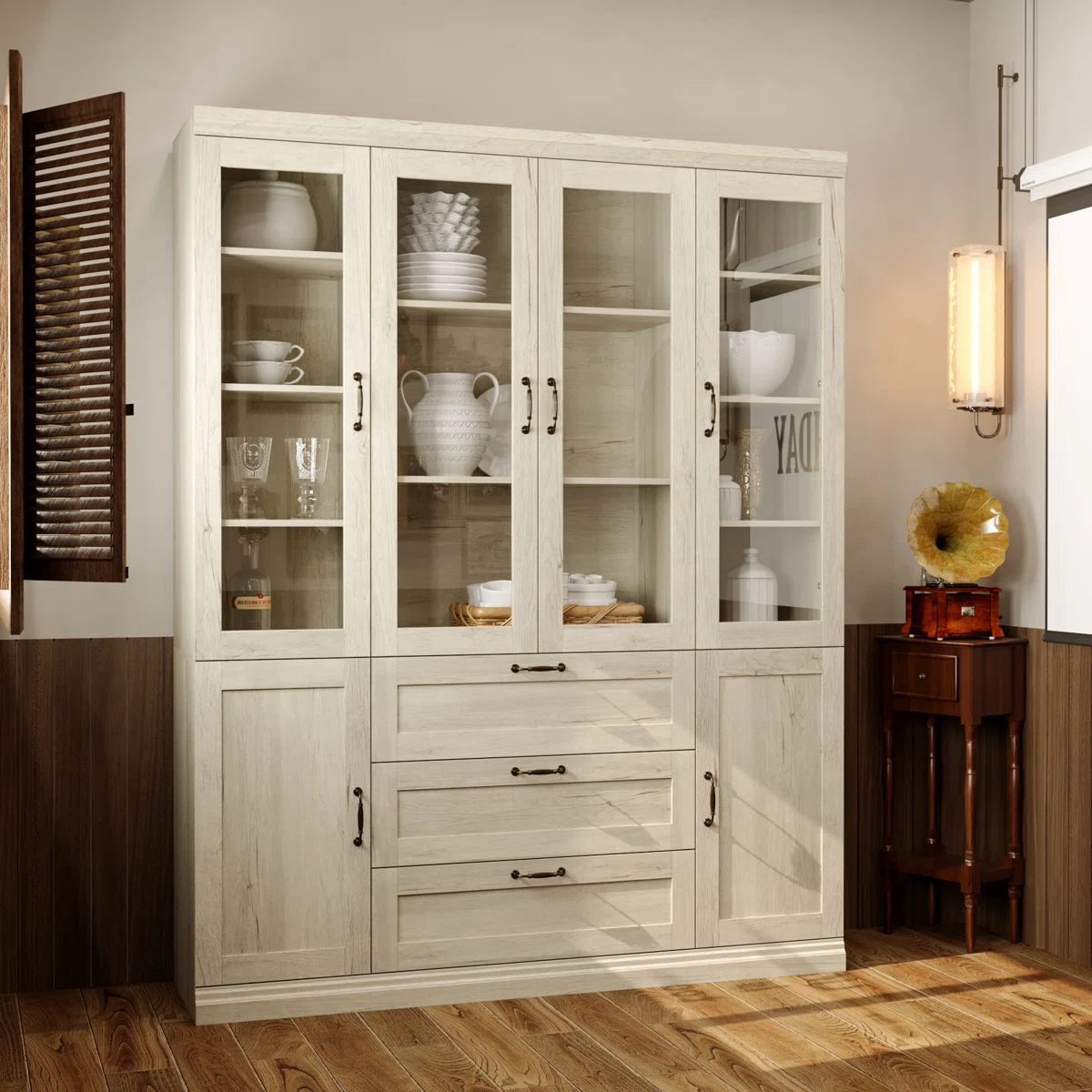 Everly Farmhouse Buffet Modern Kitchen Pantry Glass Display Cabinet