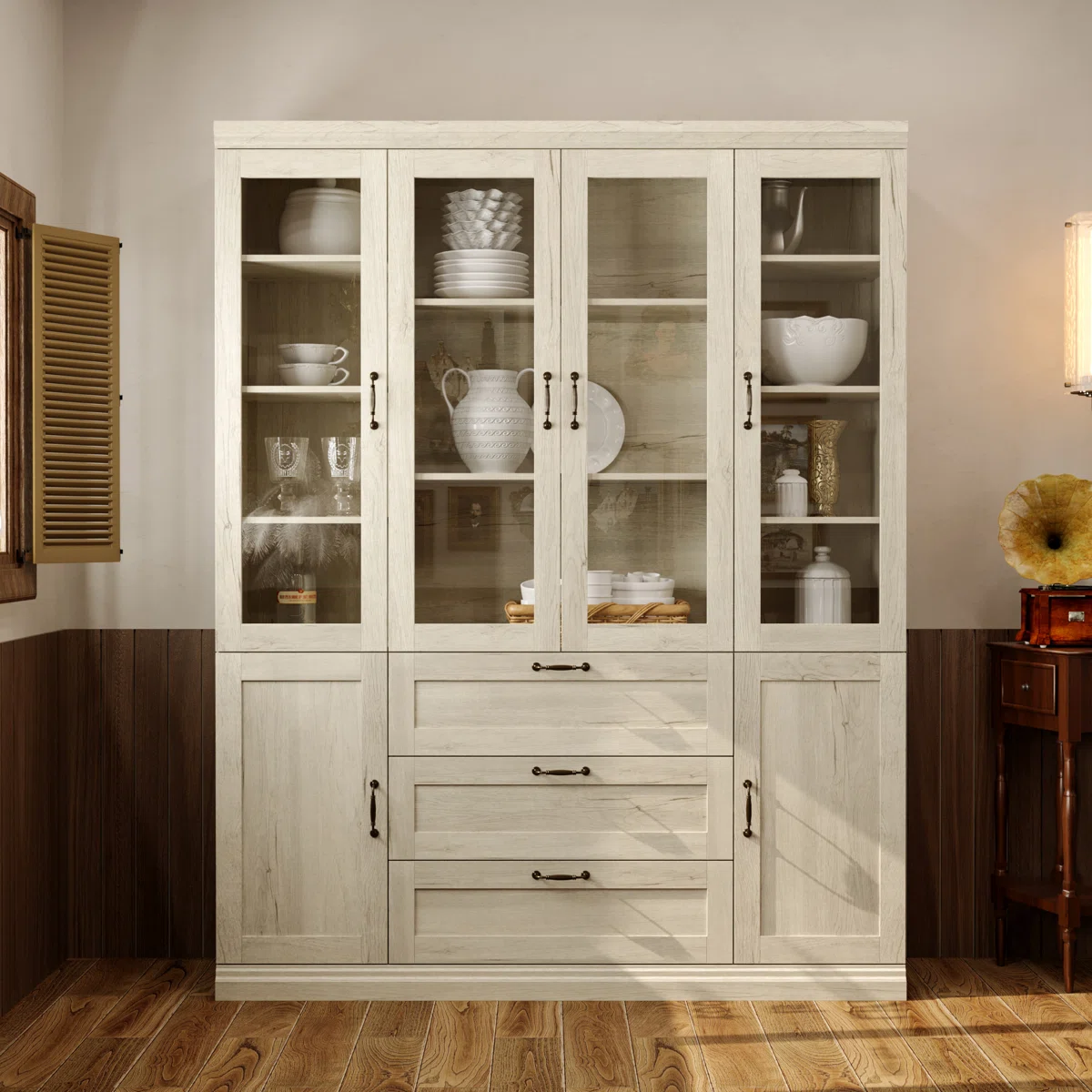 Everly Farmhouse Buffet Modern Kitchen Pantry Glass Display Cabinet