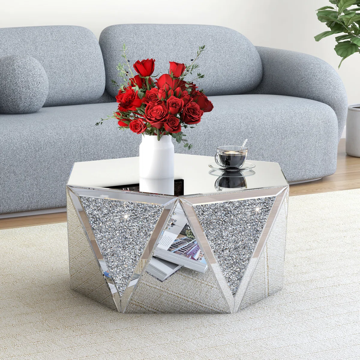 Amla Diamond Mirror Glass Center Table