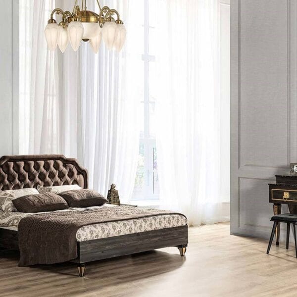 Aronya Transitional Tufted Dark Wood King Bed