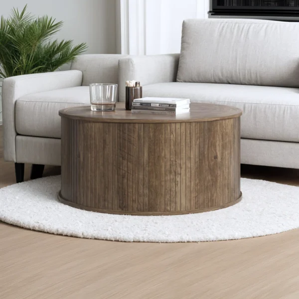 Aurel-Prime Modern Round Wood Fluted Coffee Table