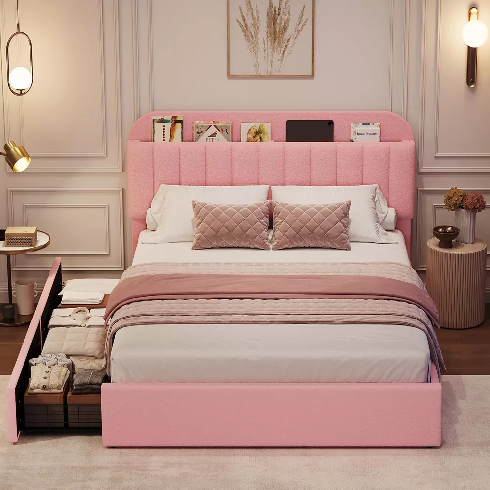 Starlight Serenity Pink Bouclé Upholstered Kids Bed