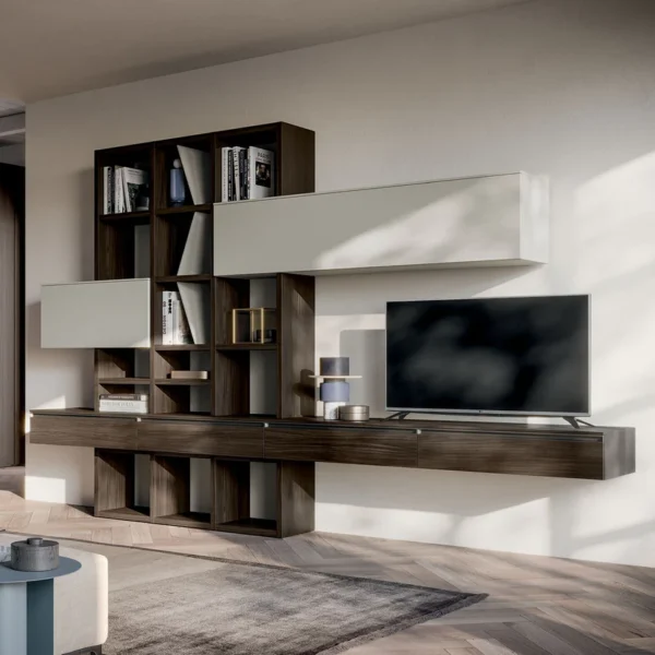 Homy Asymmetrical Modular Dark Wood TV Wall Unit