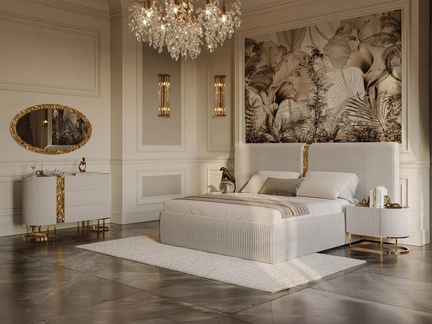 Isil Grand Fluted Velvet Beige King Bed