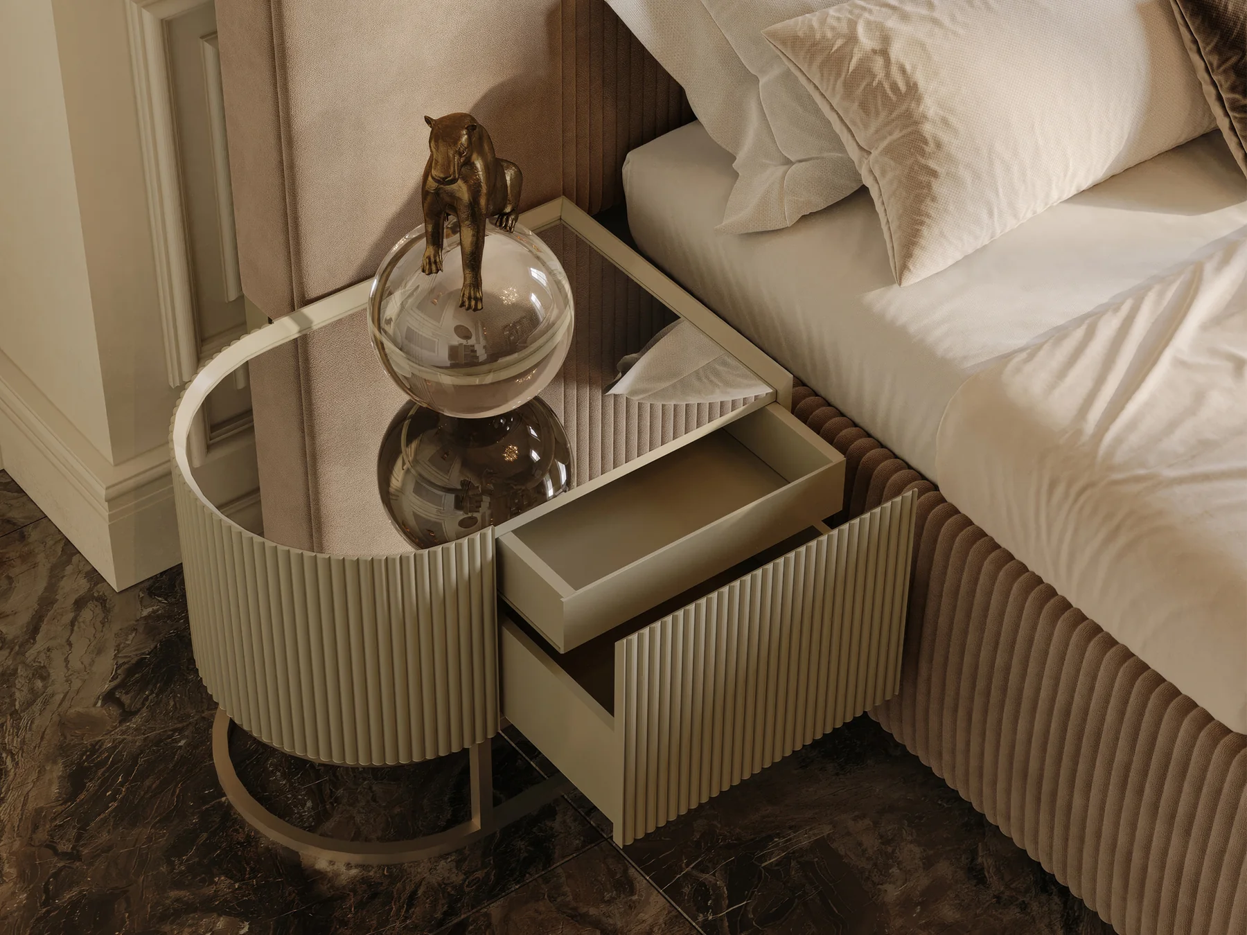 Isil Grand Fluted Velvet Beige King Bed