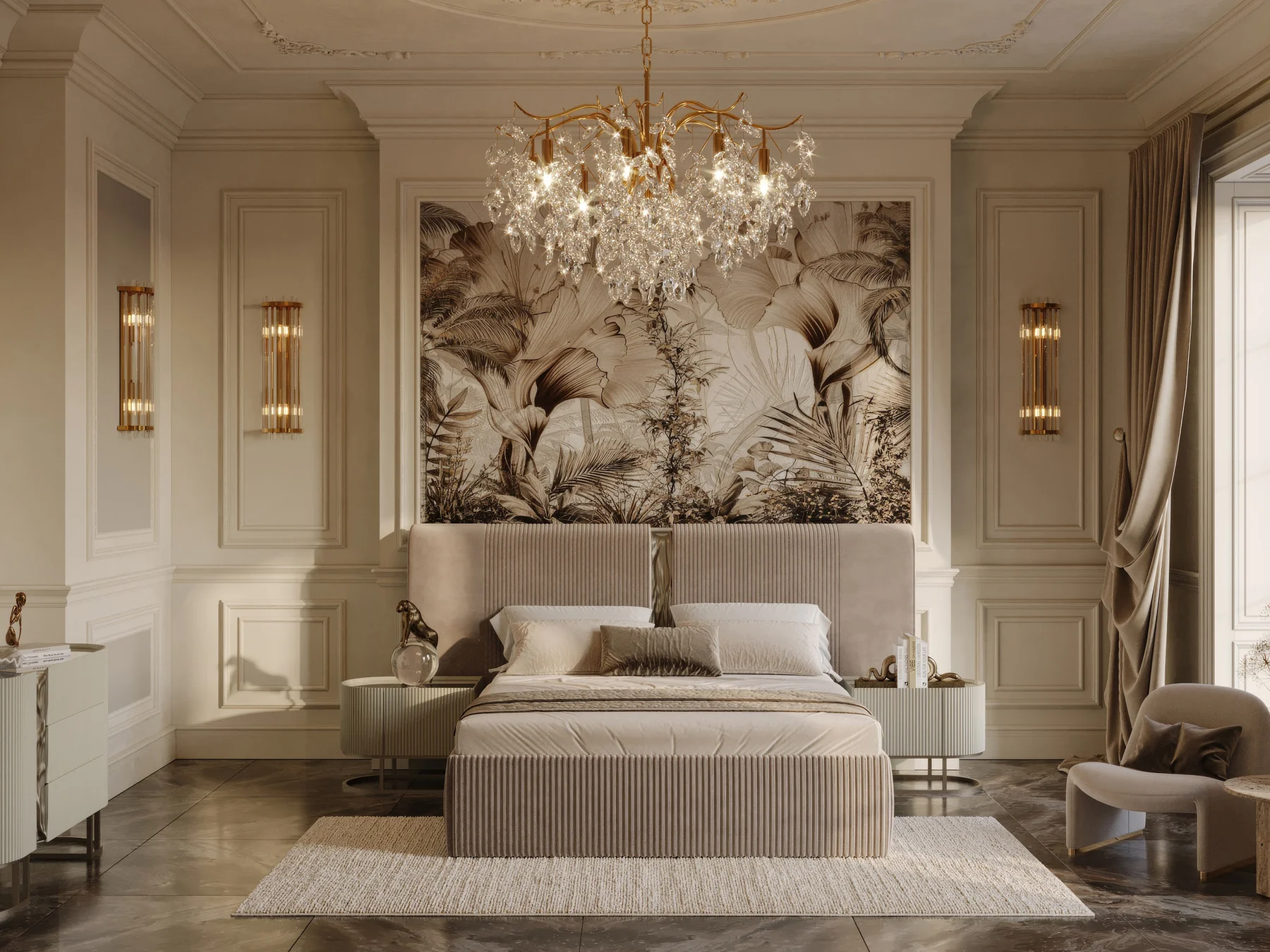 Isil Grand Fluted Velvet Beige King Bed