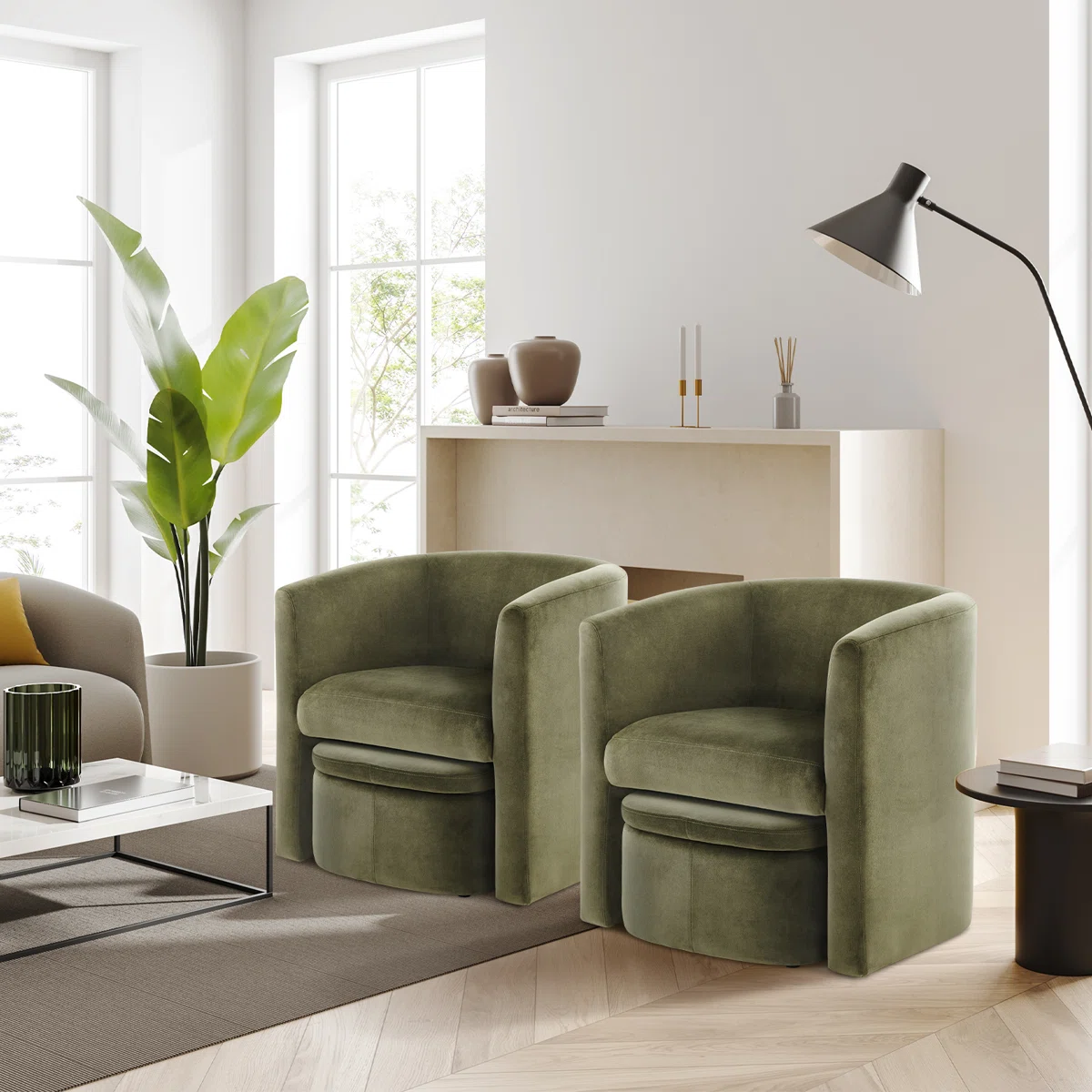 Kyah Velvet Barrel Chair with Nesting Ottoman