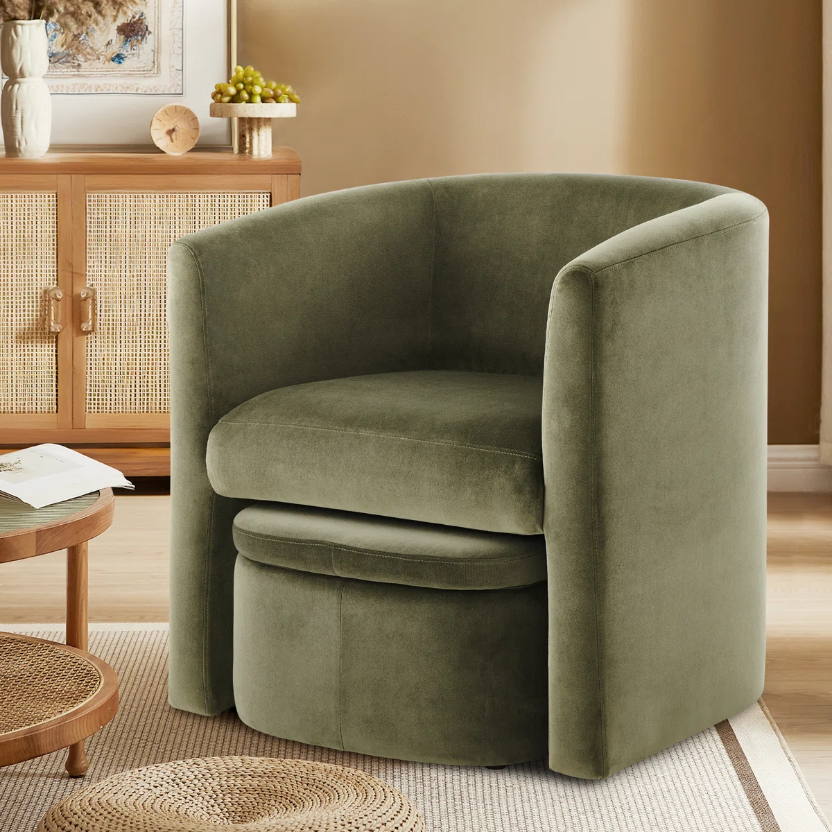 Kyah Velvet Barrel Chair with Nesting Ottoman