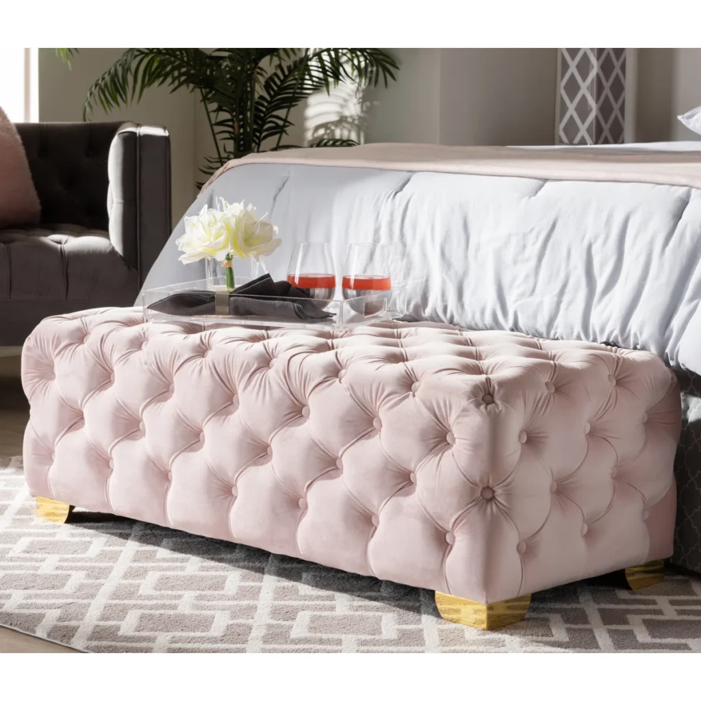 Kylin Blush Velvet Button Tufted Luxury Ottoman Bench