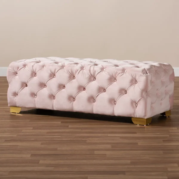Kylin Blush Velvet Button Tufted Luxury Ottoman Bench