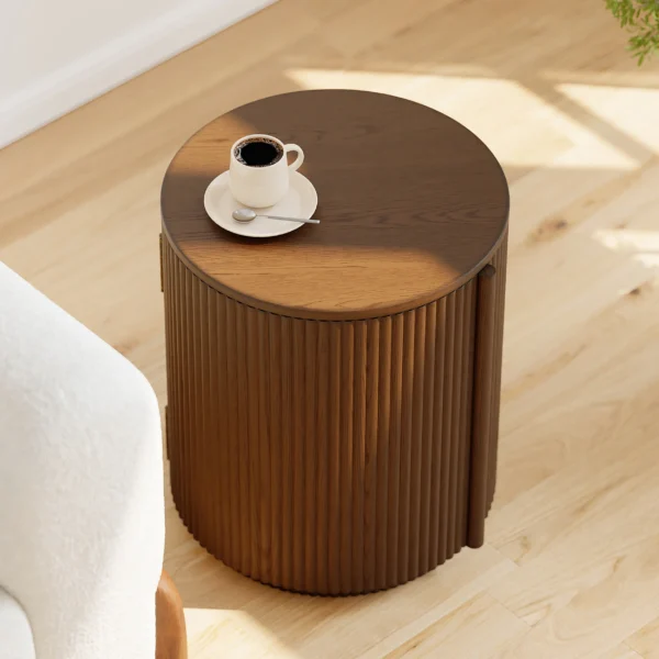 Lyra Fluted Walnut Wood Drum Side Table