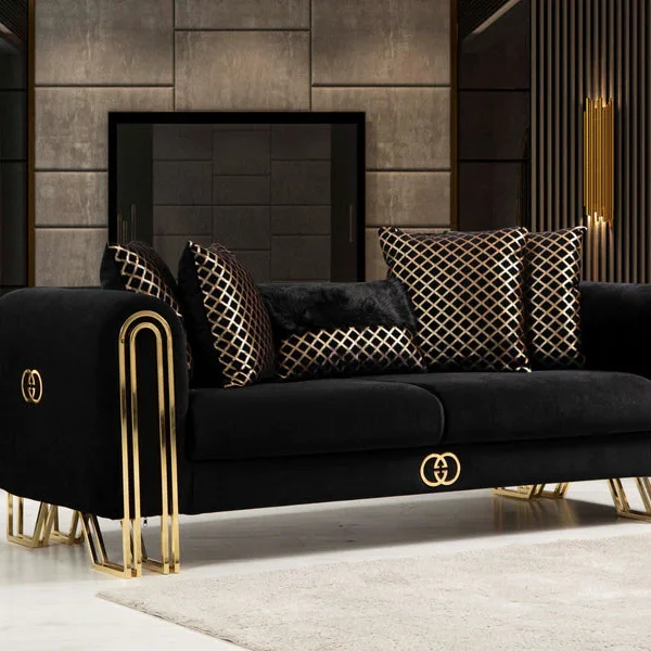 Midnight Glamour Deluxe Black Velvet Sofa Set