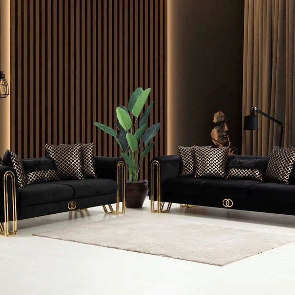 Midnight Glamour Deluxe Black Velvet Sofa Set