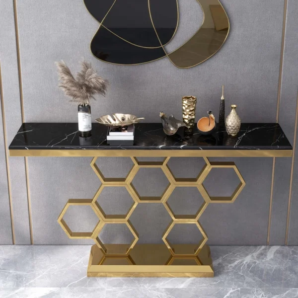 Modern Geometric Gold Honeycomb Console Table