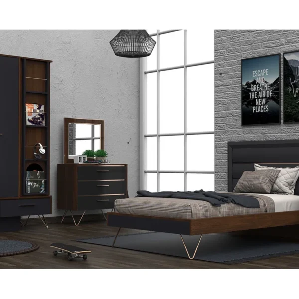 Modern Kids Bedroom Set, Mid-Century Twin XL Bed, Gold Leg Bedroom Furniture, Teen Bedroom Set with Wardrobe, Platform Bed with Dresser, Dark Wood Kids Furniture.