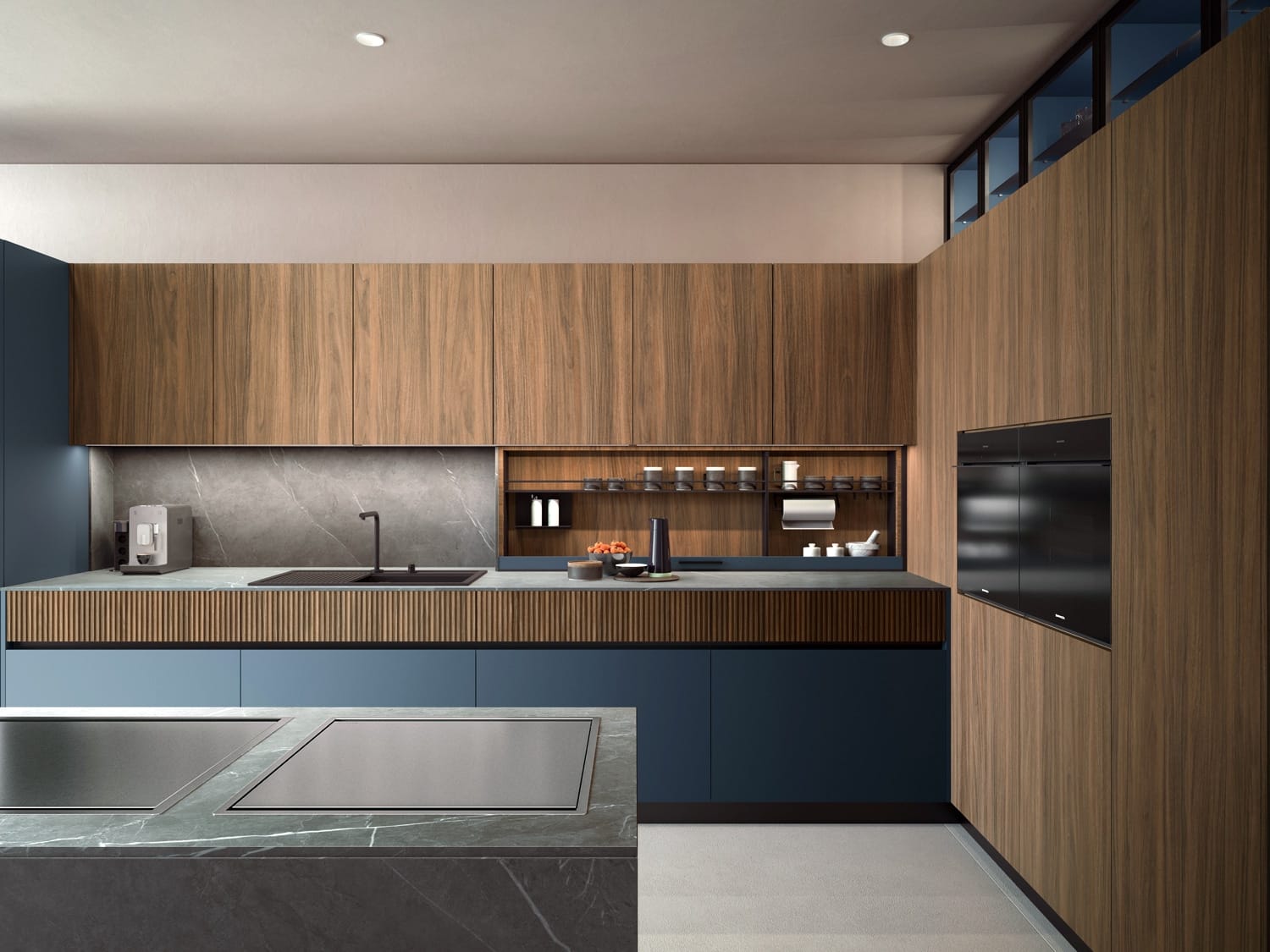 Skyline Azure & Oak Hub Luxury Contemporary Italian Modular Kitchen
