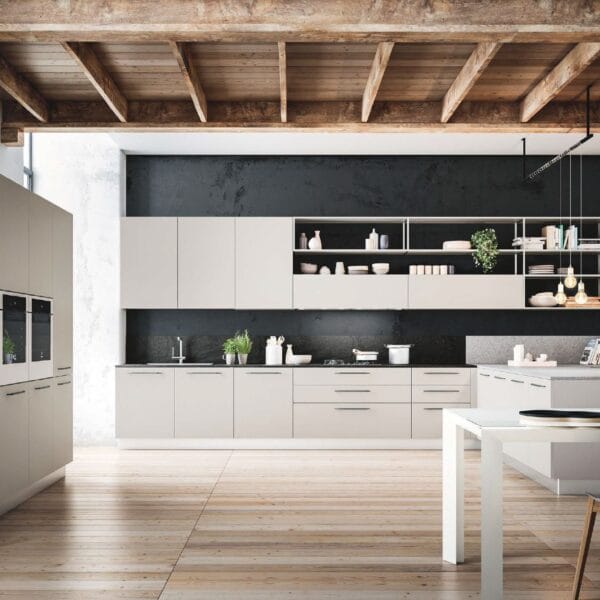 Modern Modular Kitchen, Minimalist Italian Kitchen, Luxury Kitchen Cabinets, Open Concept Kitchen Design, Matte White Modular Kitchen, Contemporary Kitchen Furniture.
