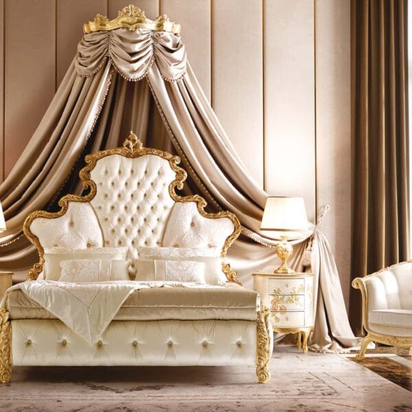 Regal Canopy Opulent Gold Tufted King Bedroom Set