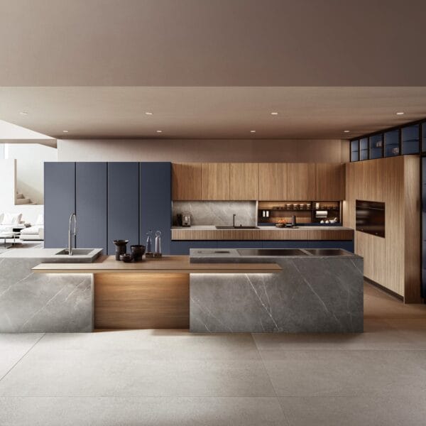 Skyline Azure & Oak Hub Luxury Contemporary Italian Modular Kitchen