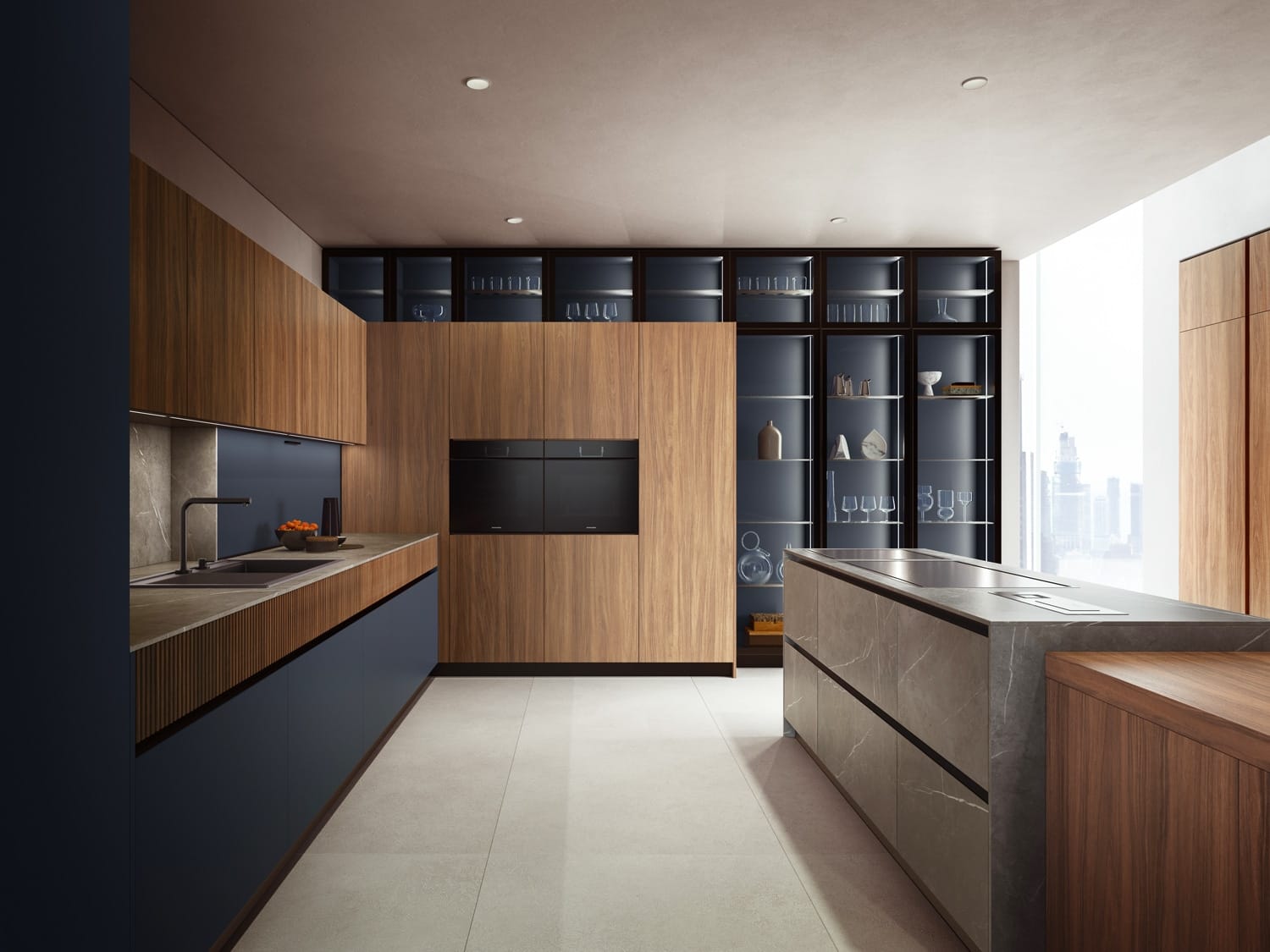Skyline Azure & Oak Hub Luxury Contemporary Italian Modular Kitchen