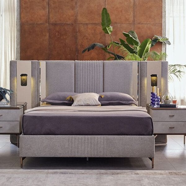Versa Geometric Dark Wood Gold King Bed