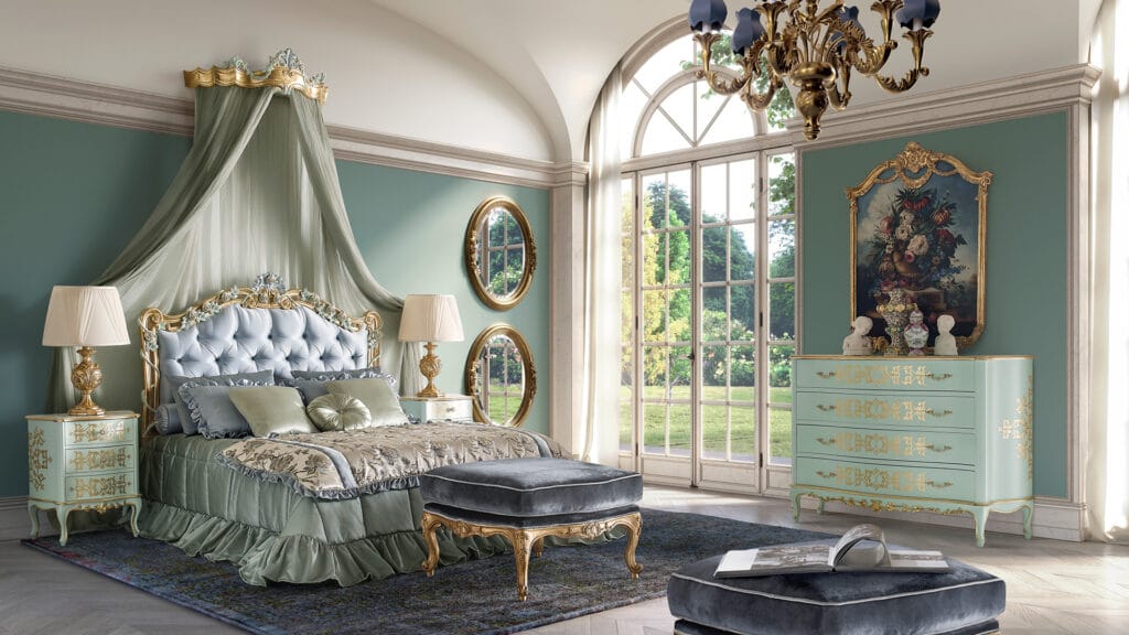 Versailles Canopy Aqua Gold Tufted King Bedroom Set