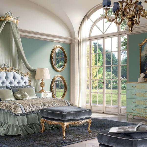 Versailles Canopy Aqua Gold Tufted King Bedroom Set