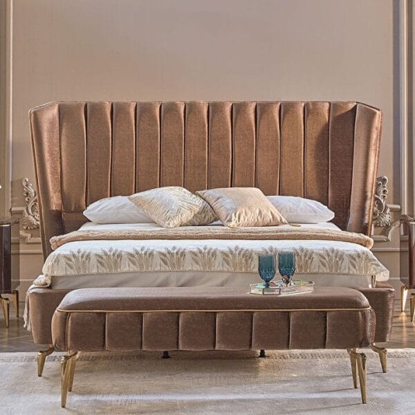 Padded King Bed, Minimalist Bedroom, Neutral Upholstered Bed, Longhi Bed, Dark Wood Accents, Italian Luxury Bed, Contemporary Furniture, High-End Beige Bed