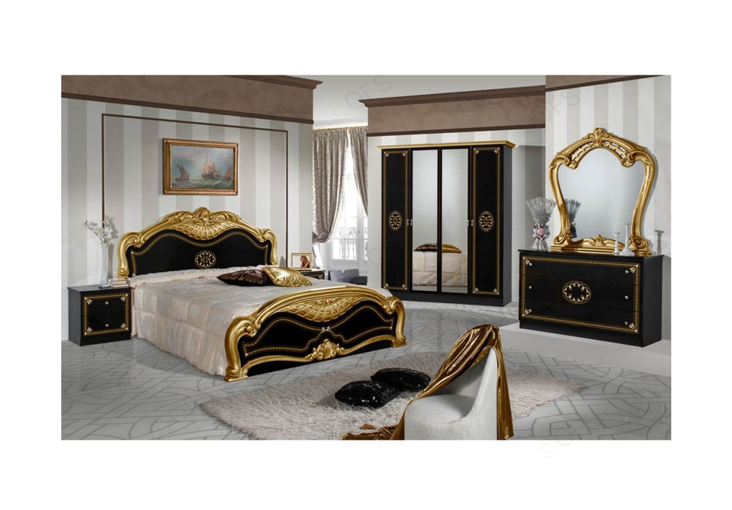 Lucy Classic Black & Gold Baroque King Bedroom Set