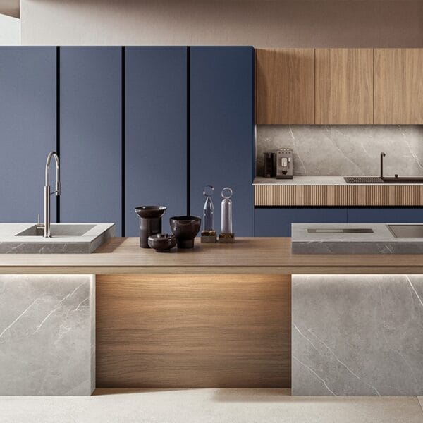 Skyline Azure & Oak Hub Luxury Contemporary Italian Modular Kitchen