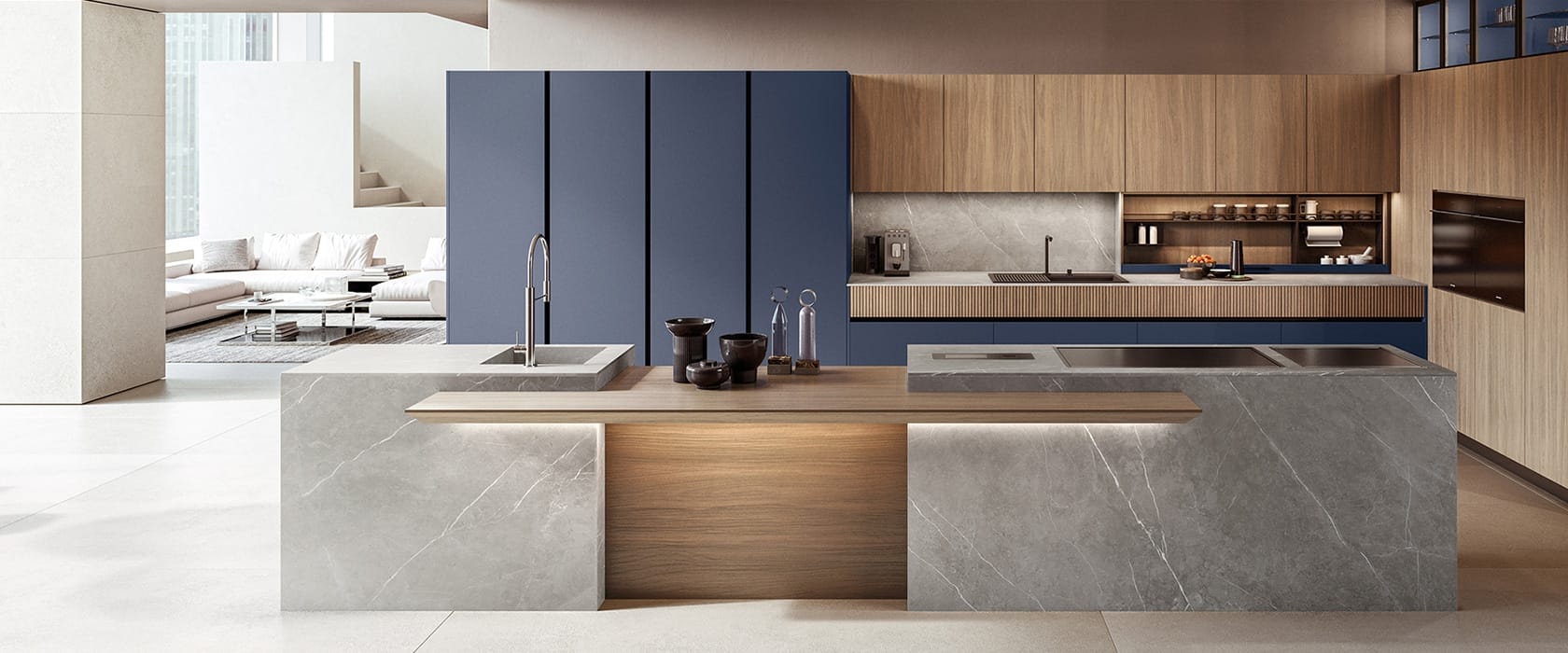 Skyline Azure & Oak Hub Luxury Contemporary Italian Modular Kitchen