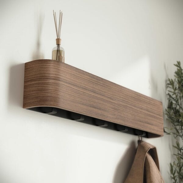 Curved Walnut Wall Mounted Entryway Organizer and Coat Rack