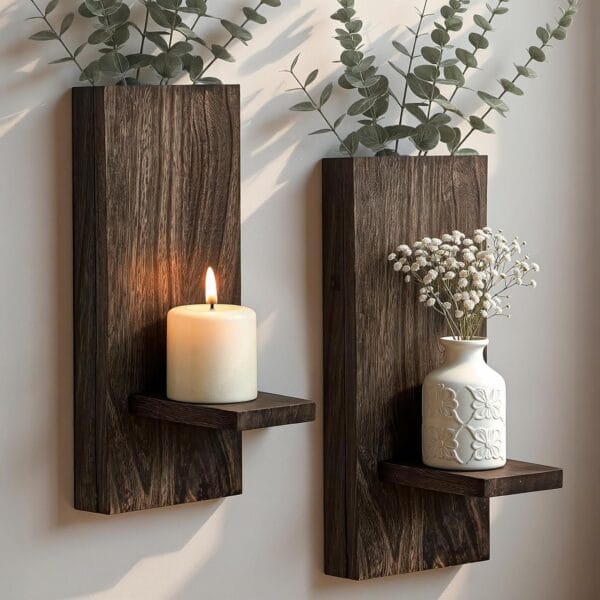 Artisan Wood Grain Sconce Set Rustic Farmhouse Candle Holder Wall Decor