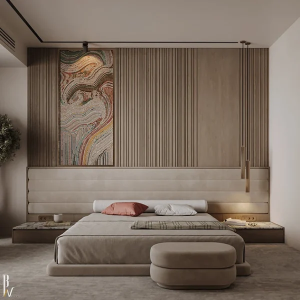 Chocolate Velvet Bed, Luxury Wrap-Around Headboard, Modern Brown Bedroom Suite, Designer Mood Lighting, High-End Upholstered Bed, Sienna Luxury Collection.